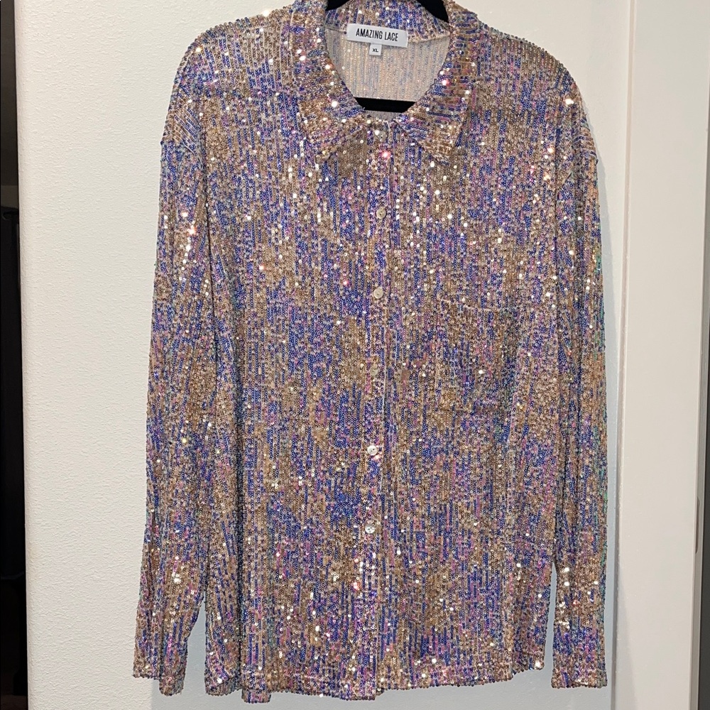 Amazing Lace Pink Blue and Gold Multi Colored Sequin Shirt